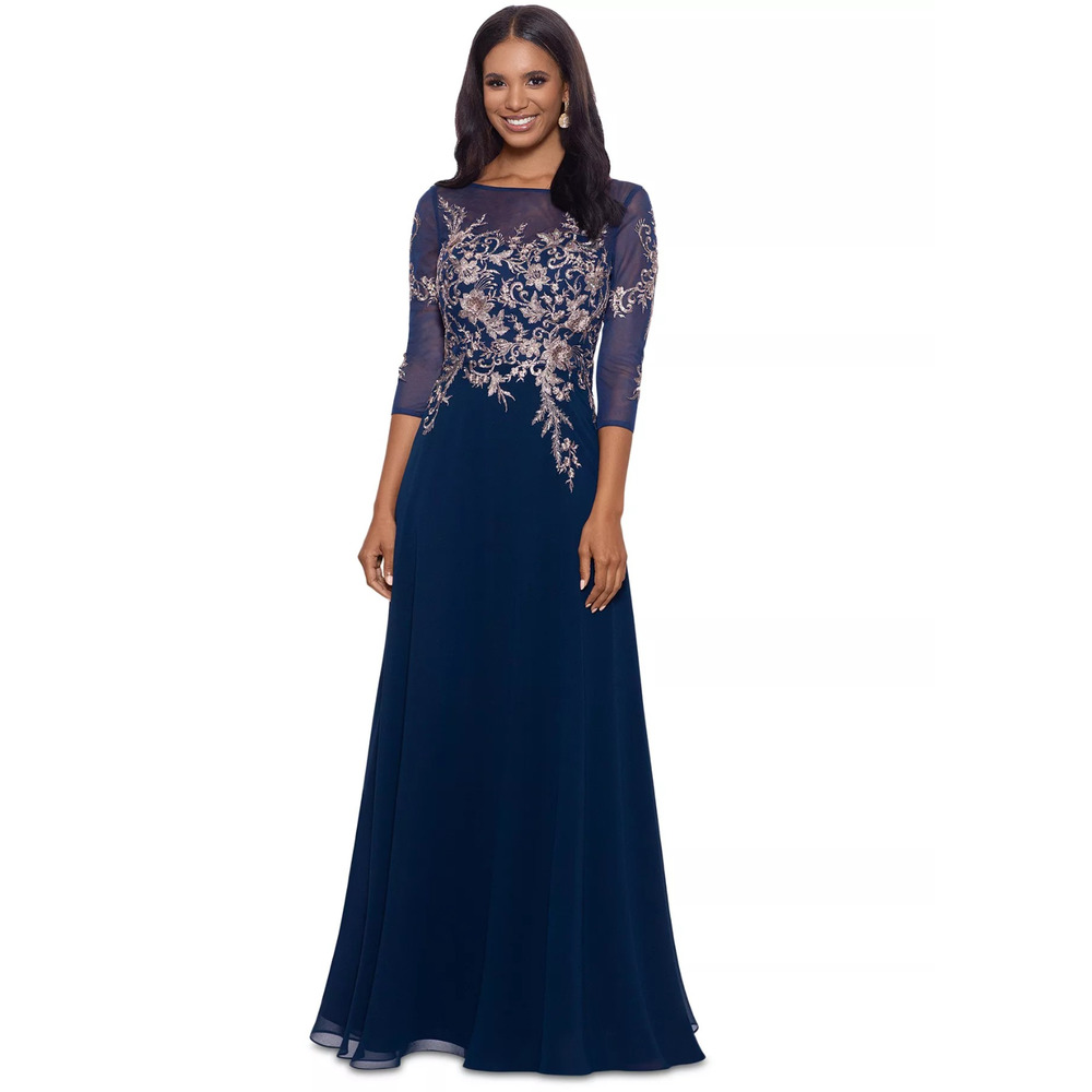Betsy & Adam Navy Blue Rose Gold Embellished Bodice Chiffon Gown Size 6, $299